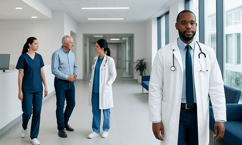 Medical team in hospital corridor with doctor in foreground and staff in background.