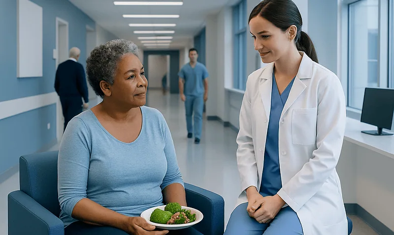 Doctor consulting with an elderly patient in a hospital corridor.