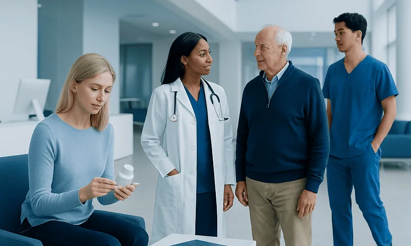 Medical team consulting with a patient in a hospital lobby.