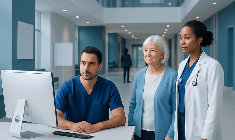 Medical team discussing patient case in hospital corridor.