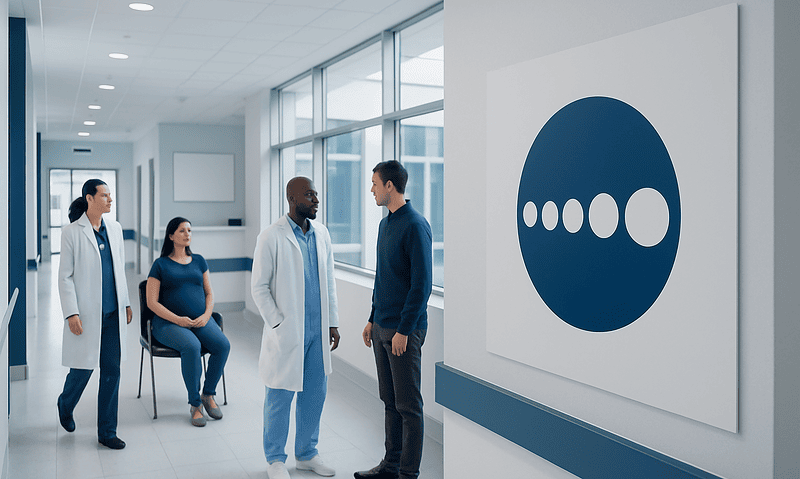 Medical professionals discussing in hospital corridor with Acibadem logo.