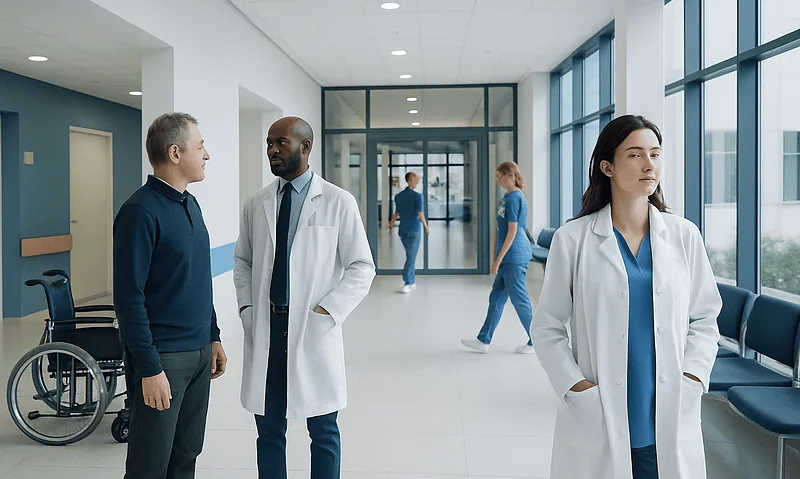 Medical professionals and a patient in a modern hospital corridor.
