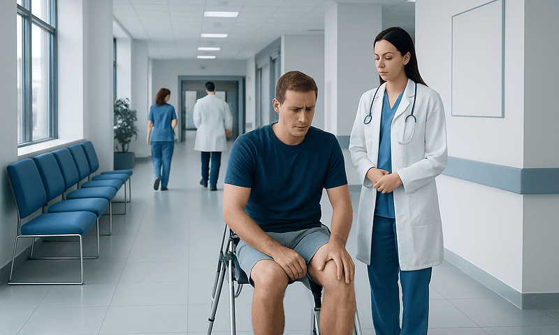 Patient in wheelchair consulting with doctor in hospital corridor.