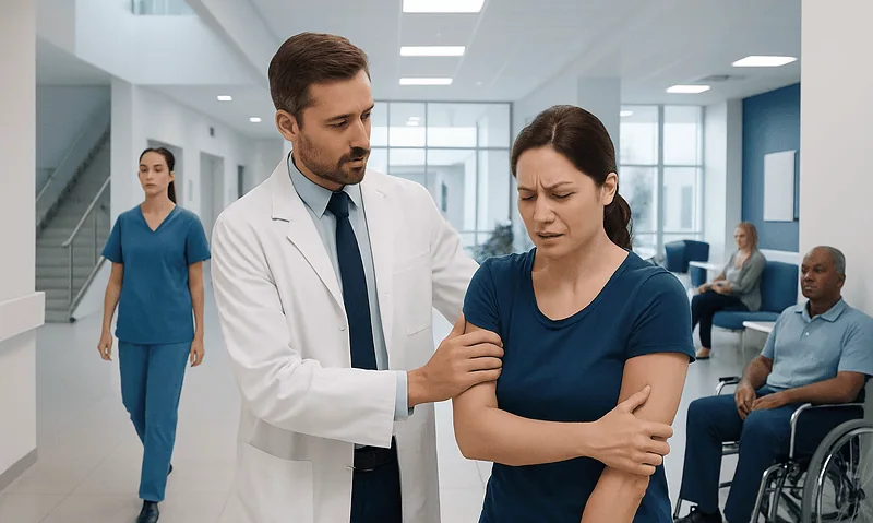 Doctor examining a patient's shoulder in a hospital corridor.