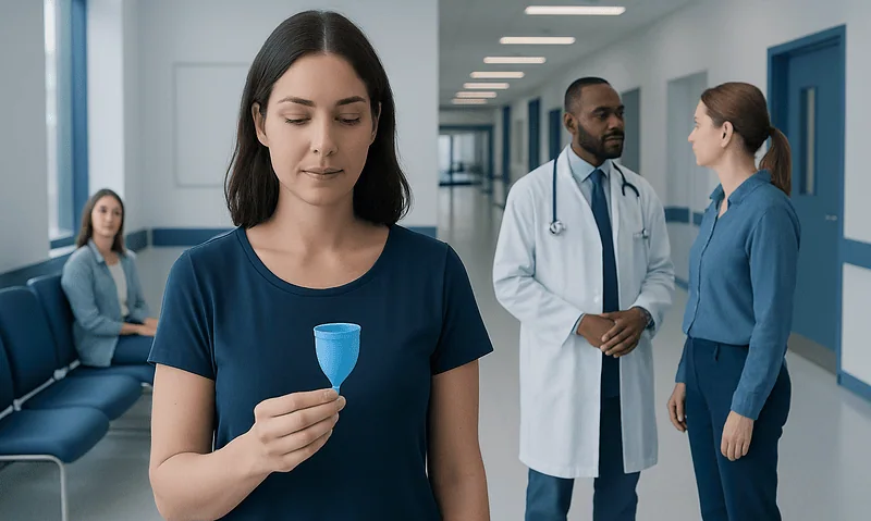 Young woman holding a menstrual cup in a hospital corridor.