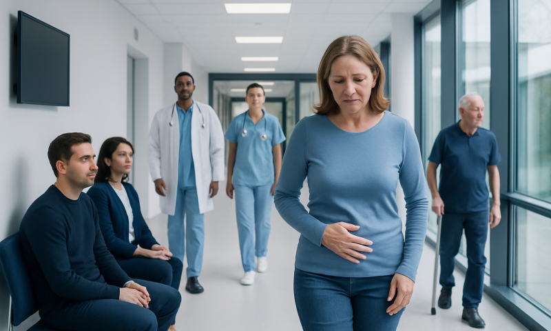 Woman experiencing abdominal pain in hospital corridor with medical staff nearby.