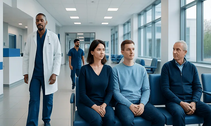 Patients waiting in a hospital corridor with medical staff nearby.