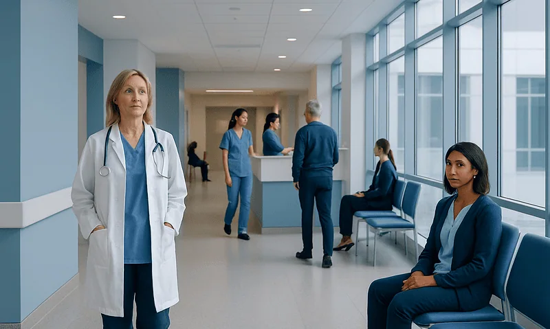 Medical professionals and patients in a modern hospital corridor.