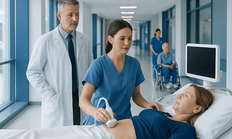 Medical professionals perform a Doppler ultrasound on a patient in a hospital corridor.