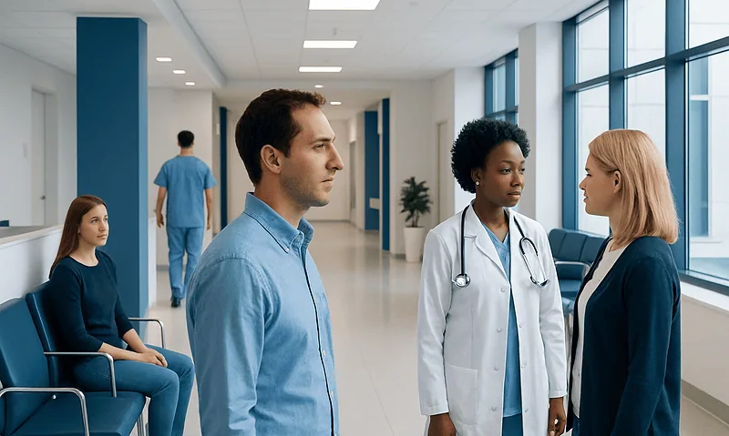 Medical consultation in hospital corridor with diverse healthcare professionals and patients.