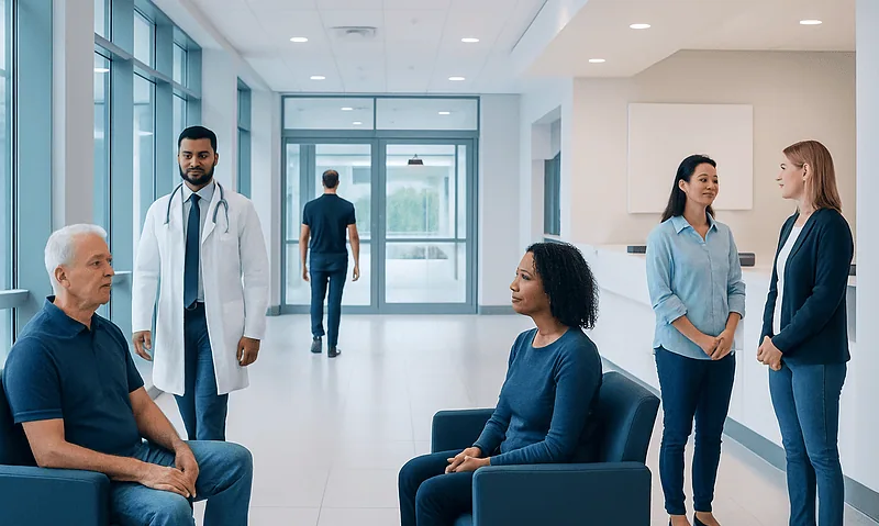 Patients and medical staff in a modern hospital waiting area.