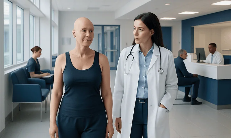 Patient consulting with doctor in hospital lobby.