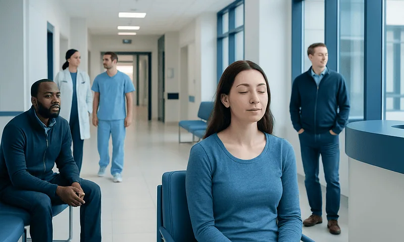 Patient meditating in hospital corridor with medical staff nearby.