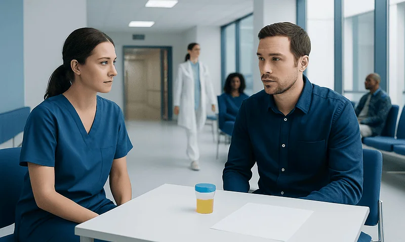 Patient and healthcare professional in a medical consultation at a hospital.