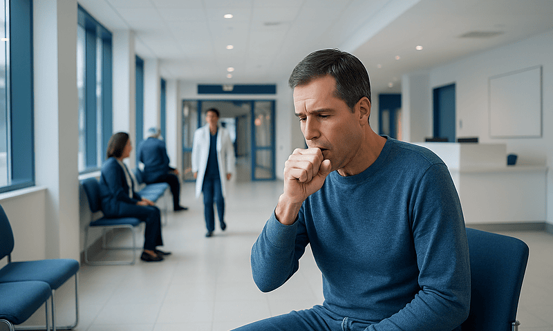 Man coughing in hospital waiting area with medical staff in background.