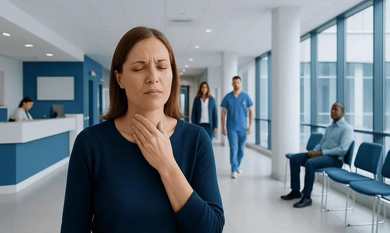 Woman with sore throat in hospital corridor, seeking medical help.