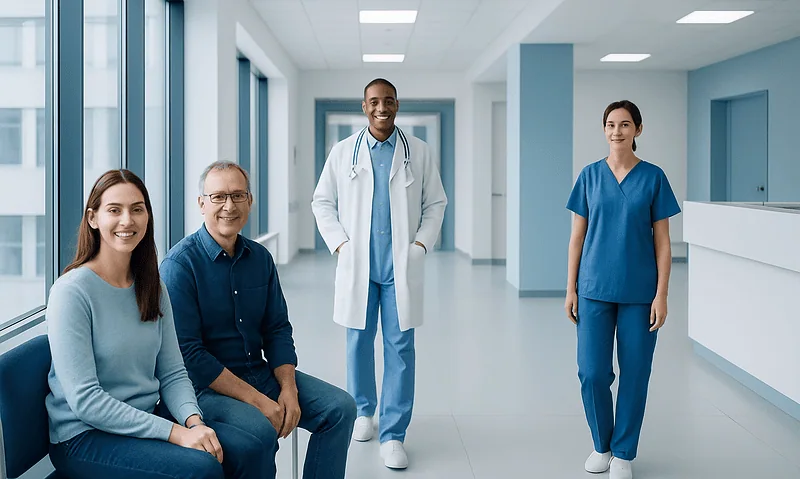Diverse medical team in hospital corridor with patients and staff.