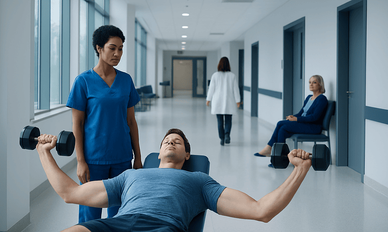 Patient doing chest exercises with dumbbells in hospital corridor.