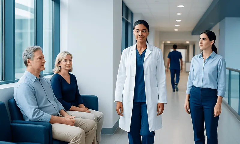 Medical team in hospital corridor with patients and staff.