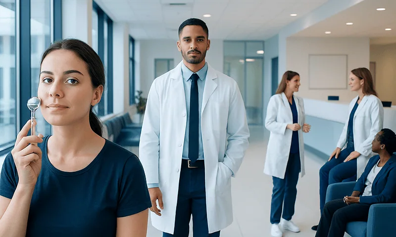 Medical professionals and patient in a hospital waiting area.