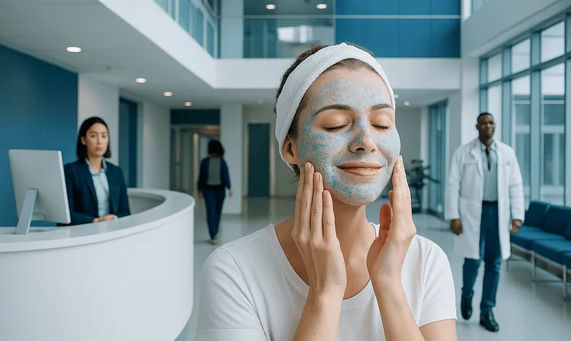 Young woman applying facial scrub in a modern hospital lobby.