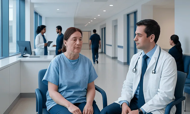 Doctor consulting with a female patient in a modern hospital corridor.