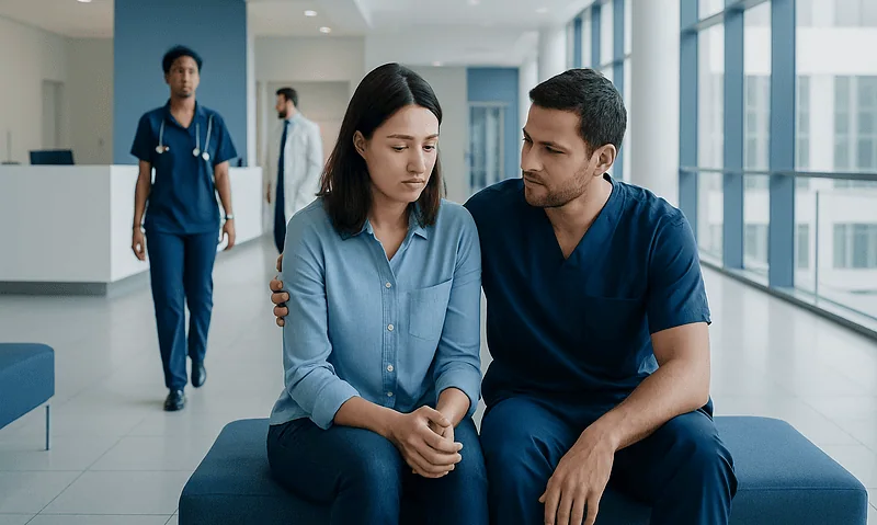 Patient and doctor discussing in a hospital corridor.