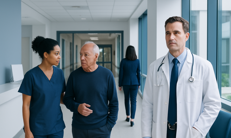 Medical team discussing patient care in hospital corridor.