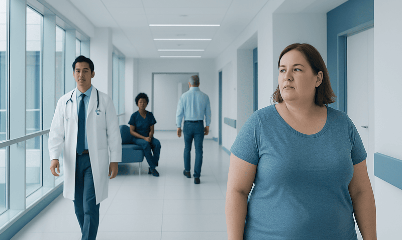 Patient waiting in hospital corridor with medical staff nearby.