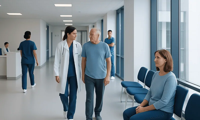 Doctor consulting elderly patient in hospital corridor with waiting area.