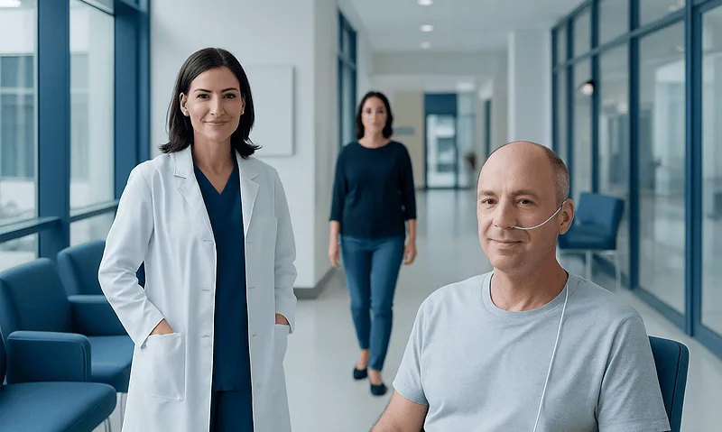 Medical professionals with patient in hospital corridor at Acibadem Hospitals.
