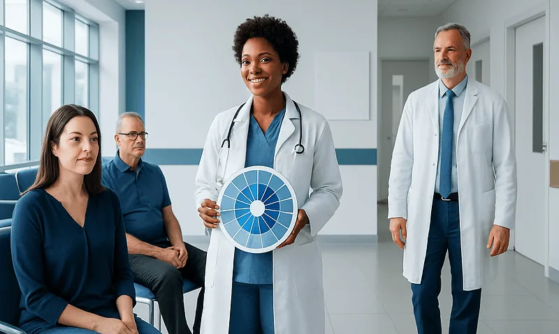 Healthcare professionals in a hospital setting discussing patient care.