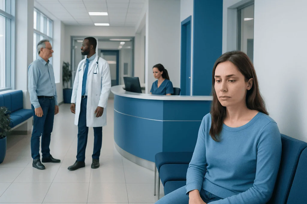 Fever Blisters in Corner of Mouth: An Evidence-Based Guide for Patients 1 Young woman waiting in hospital corridor with healthcare professionals nearby.