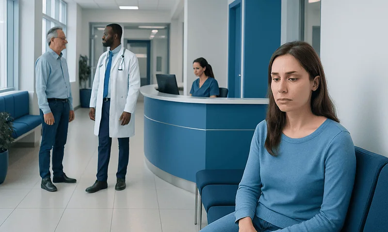 Young woman waiting in hospital corridor with healthcare professionals nearby.