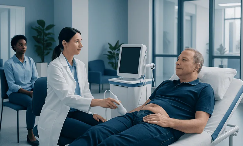 Fibroscan: A Complete Medical Overview 4 Doctor performing Fibroscan on male patient in hospital room.