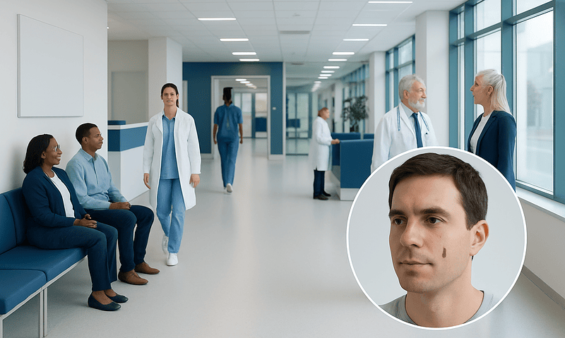 Medical consultation in hospital corridor with doctor and patient.