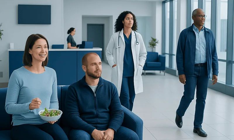 Diverse medical team in a modern hospital lobby with patients and staff.