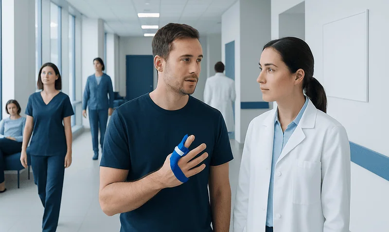Patient with finger injury consulting healthcare professional in hospital corridor.