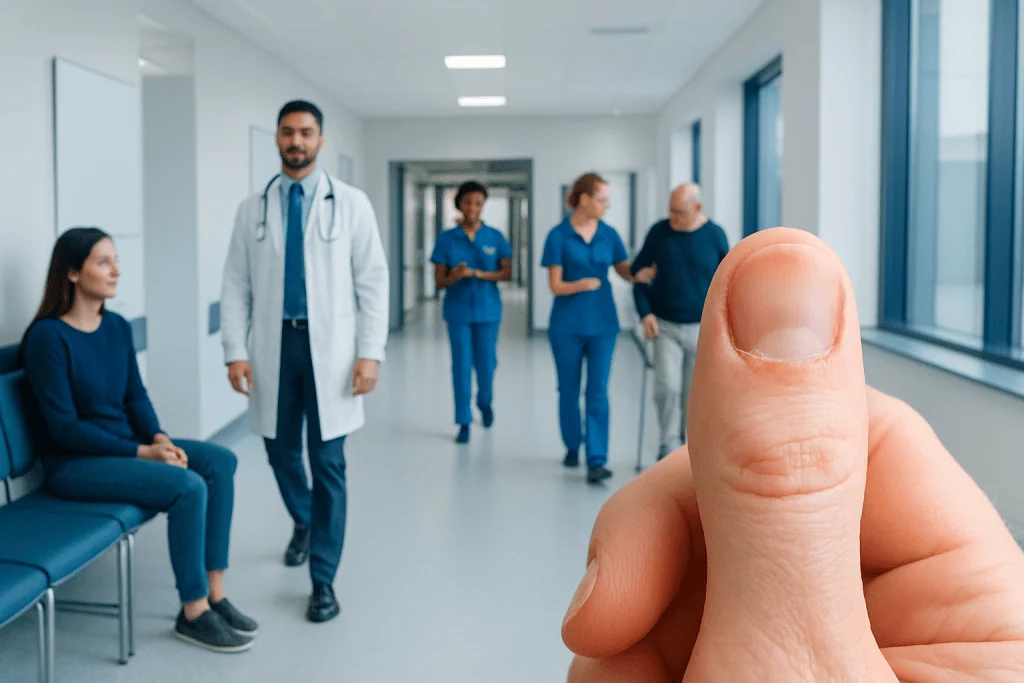 Fingernail Hangnail Infection: Symptoms, Causes, and Treatment Options 1 Medical team in hospital corridor with a large thumb in foreground.