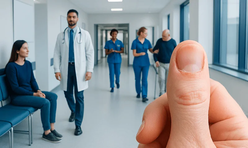 Medical team in hospital corridor with a large thumb in foreground.