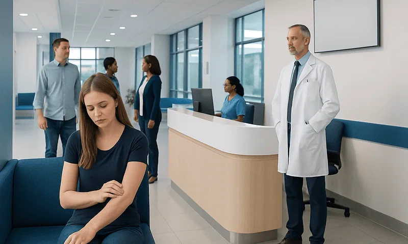 Patient with arm pain in hospital waiting area at Acibadem Hospitals Group.