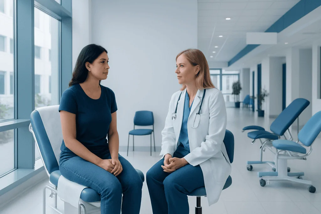 First Gynecology Visit: What Teens and Young Adults Can Expect 1 Teen girl consulting with a doctor during a gynecology appointment at Acibadem Hospital.