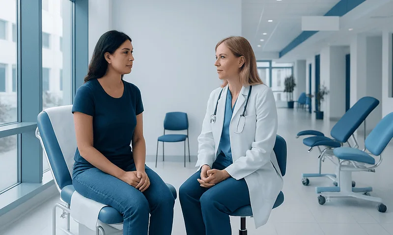 Teen girl consulting with a doctor during a gynecology appointment at Acibadem Hospital.