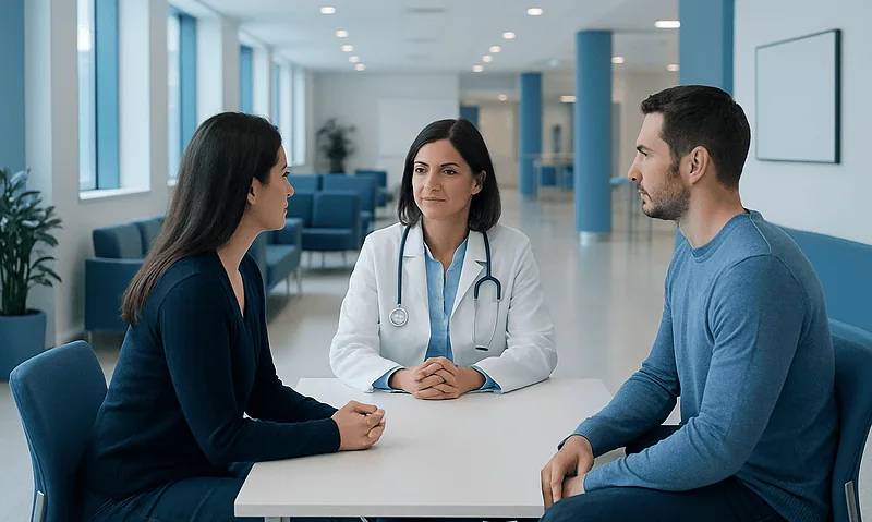 Doctor consulting with a couple in a modern hospital waiting area.