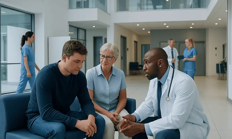 Doctor consulting with young patient and family in hospital lobby.