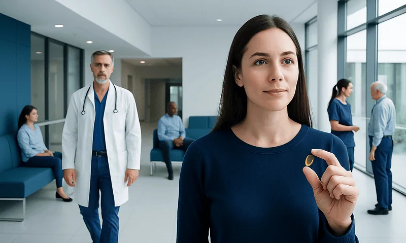Young woman holding a pill in a hospital corridor with medical staff in background.