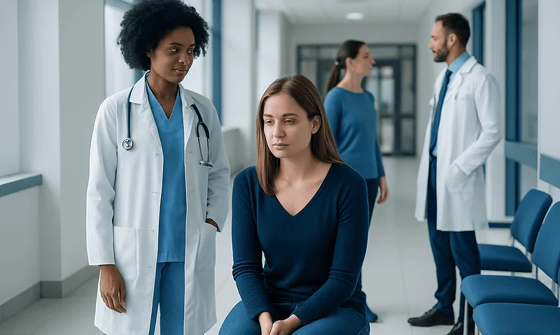Patient consulting with doctor in hospital corridor.
