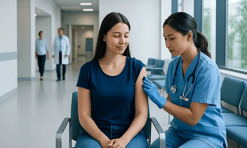 Nurse administering flu vaccine to a young woman in hospital corridor.