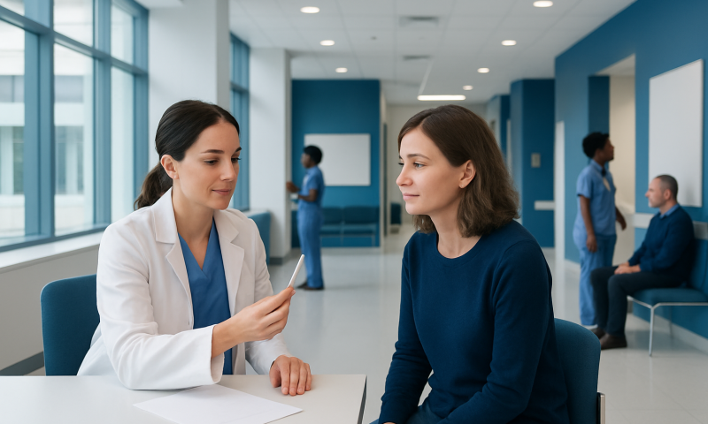 Doctor consulting with a patient in a modern hospital corridor.