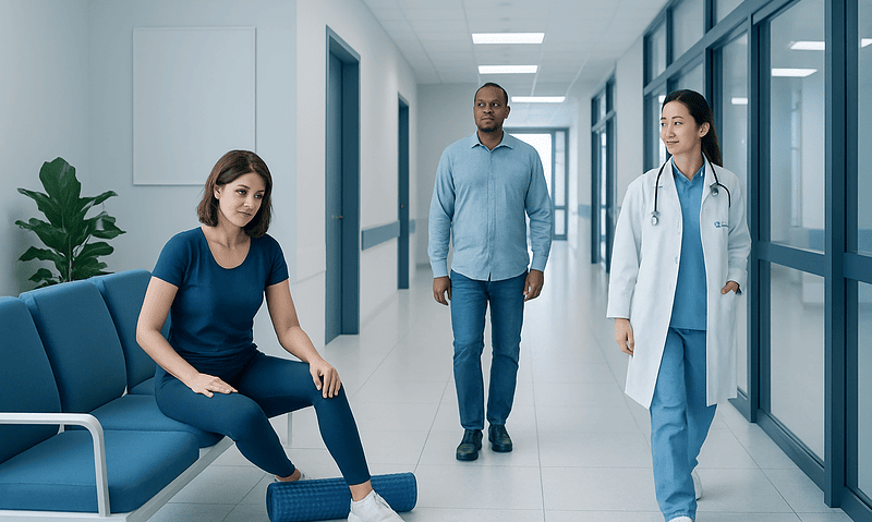 Patient using foam roller in hospital corridor for physical therapy.